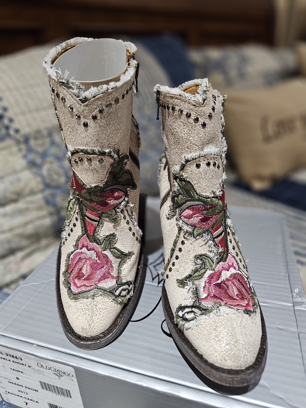 Old Gringo 'CARLA' In Taupe Ankle Boots with Pink Rose Embroidery NWT
